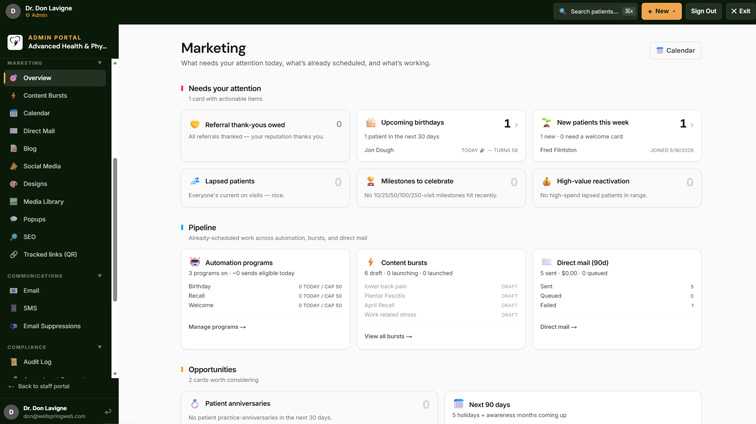 RowanFlow marketing engine - postcard campaigns, AI blog and social studios