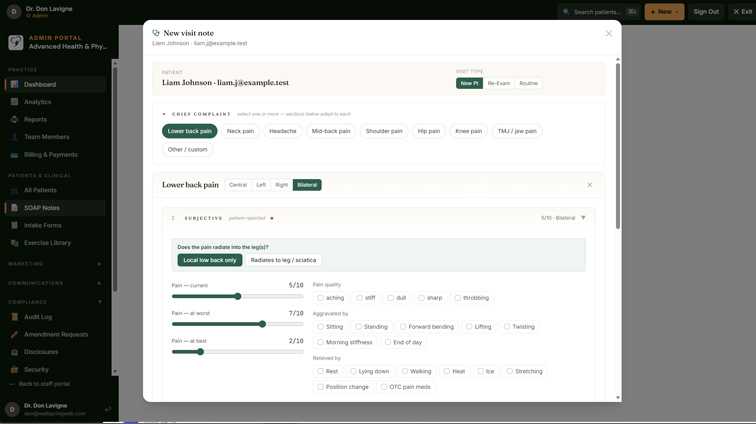 RowanFlow SOAP note - structured exam grids with per-region detail and compliance tracking